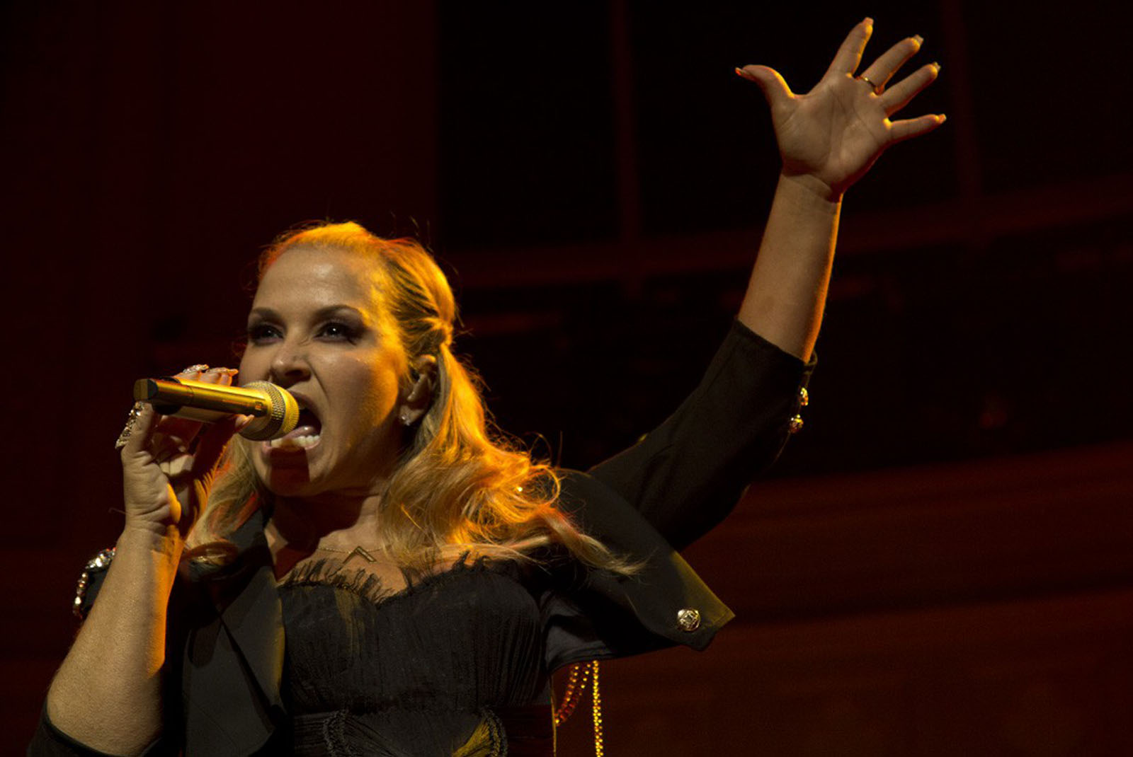 anastacia singing into mic with left hand up